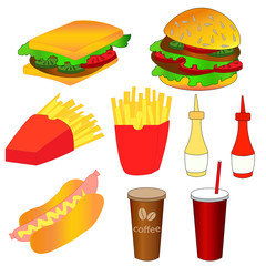 Fast food icons set. Colorful vector illustration. 