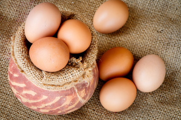 Raw egg put on old sack