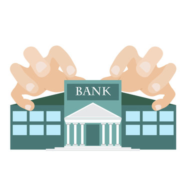 vector illustration off greedy hands reaching bank building.