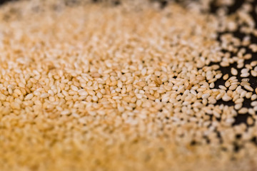 Sesame seeds are roasted in a pan