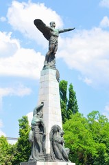Architectural detail of the Aviators monument in Bucharest depicting Icarus