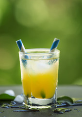 Screwdriver cocktail with ice on a blurred green background, sel