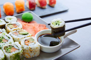 Sushi Maki and Niguiri soy sauce and wasabi