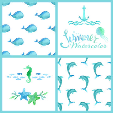 Set of watercolor marine seamless patterns, page decorations and dividers.