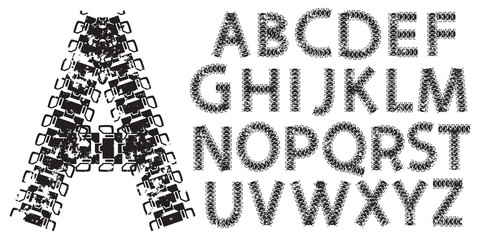 Vector alphabet letters made from tank and tractor tracks, isolated on white