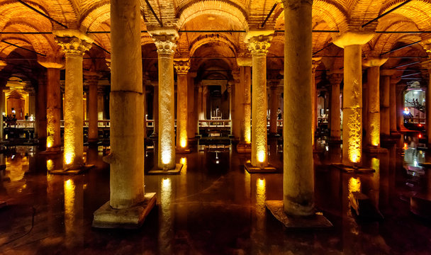 Interior of Basilica Cistern, Istanbul, Turkey. Panorama inside Byzantine building.