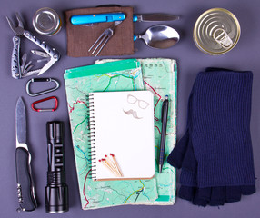 Travel set. Tourist outfit for camping or hiking. Various professional tools and items for outdoors...