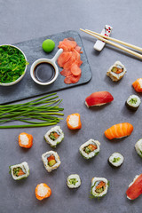 Sushi Maki and Niguiri soy sauce and wasabi