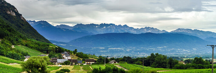 Fototapeta na wymiar Beautiful wide angle panoramic view, original nature, Alps
