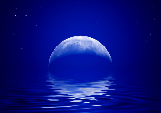 Moon is reflected in a wavy water