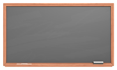 Black Chalkboard. Blank chalkboard with wooden frame. Chalk dust surface. Copy Space.