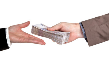 Male and female hand with a pack of Russian money