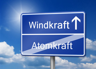 Obraz premium Windkraft statt Atomkraft Schild blau