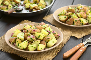 Salad of jacket potato, red onion and herbs served on plates, photographed on dark wood with...