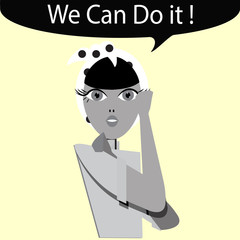  we can do it, black and white illustration over color backgroun