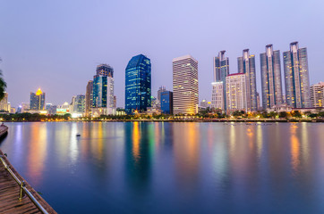 Bangkok city downtown twilight with reflection of skyline