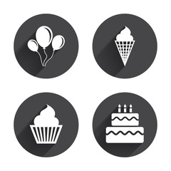 Birthday party icons. Cake with ice cream symbol
