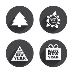 Happy new year sign. Christmas trees.