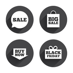 Sale speech bubble icons. Buy now arrow symbol