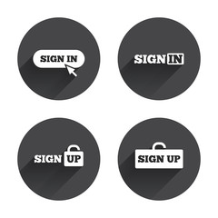 Sign in icons. Login with arrow, hand pointer.