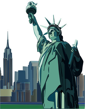 Statue of Liberty with New York City skyline on background, vector illustrations on separate layers