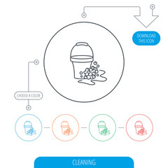 Soapy cleaning icon. Bucket with foam and bubble