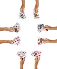 Playing cards Poker combinations in female hands isolated 