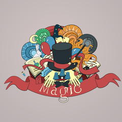Cartoon vector doodles hand drawn magic hat with wand and rabbit