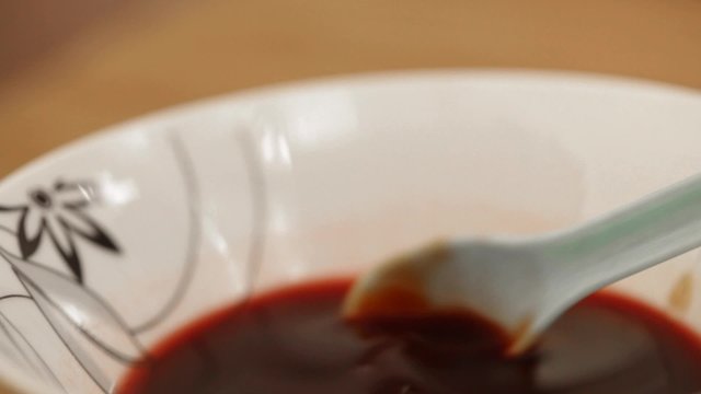 HD 1080 static: strawbery jam with red vine sweet sauce - close up; 
