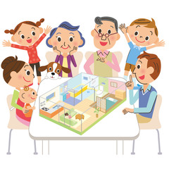 マイホームの模型を見る三世代親子