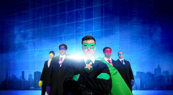 Superhero Business People Strength Cityscape Stock Exchange Conc