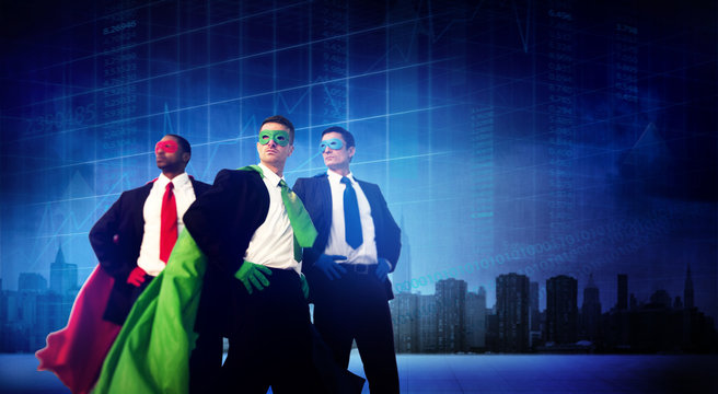 Superhero Business People Strength Cityscape Stock Exchange Conc