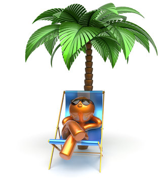 Chilling man cartoon character beach deck chair relaxing palm