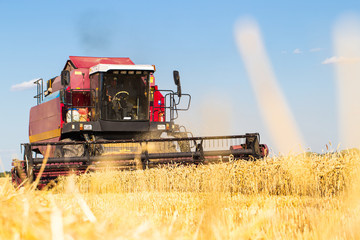 Photo of combine harvester that is harvesting wheat