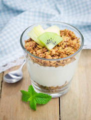 Yogurt with granola and fruits. Concept of healthy eating for breakfast.