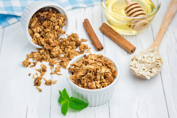 Homemade honey cinnamon granola in a bowl
