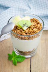 Yogurt with granola and fruits. Concept of healthy eating for breakfast.