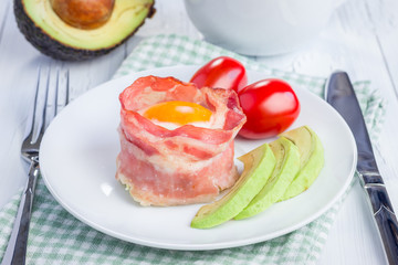 Baked eggs with avocado in bacon cups for breakfast