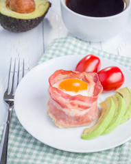Baked eggs with avocado in bacon cups for breakfast