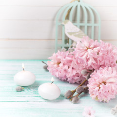 Background  with hyacinths,  willow flowers and candles