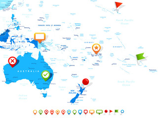 Obraz premium Australia and Oceania - map and navigation icons - illustration. Image contains land contours, country and land names, city names, water object names, navigation icons.