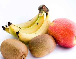 Fresh kiwi, apples and bananas on white  background