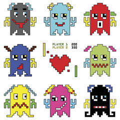 Pixelated robot emoticons 1 shooting spaceship element inspired by 90's computer games showing different emotions  
