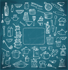 Big set of kitchen utensils hand-drawn on blackboard