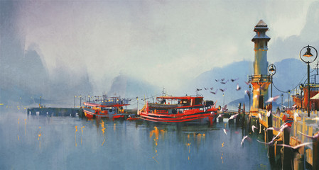 Obrazy  łódź rybacka w porcie rano, styl malowania akwarelą
