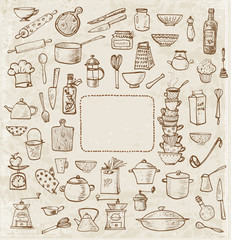Big set of kitchen utensils hand-drawn on blackboard