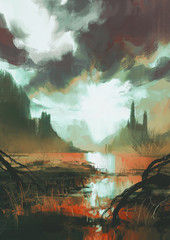 Naklejka premium fantasy landscape of mystic red swamp at sunset