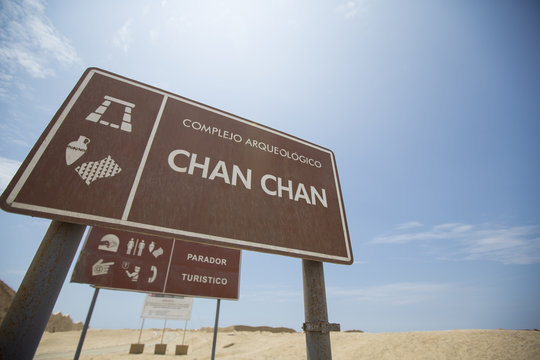 Welcome sign to Chan Chan historical site, Trujillo