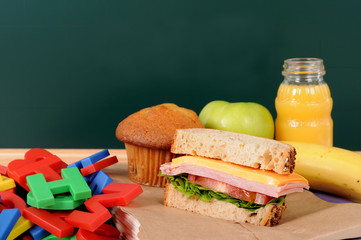 School lunch with blackboard, copy space
