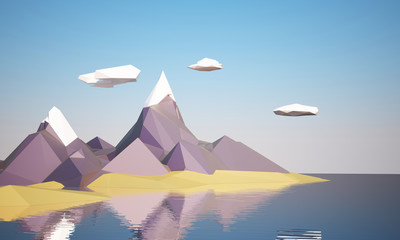 low poly mountain landscape with water